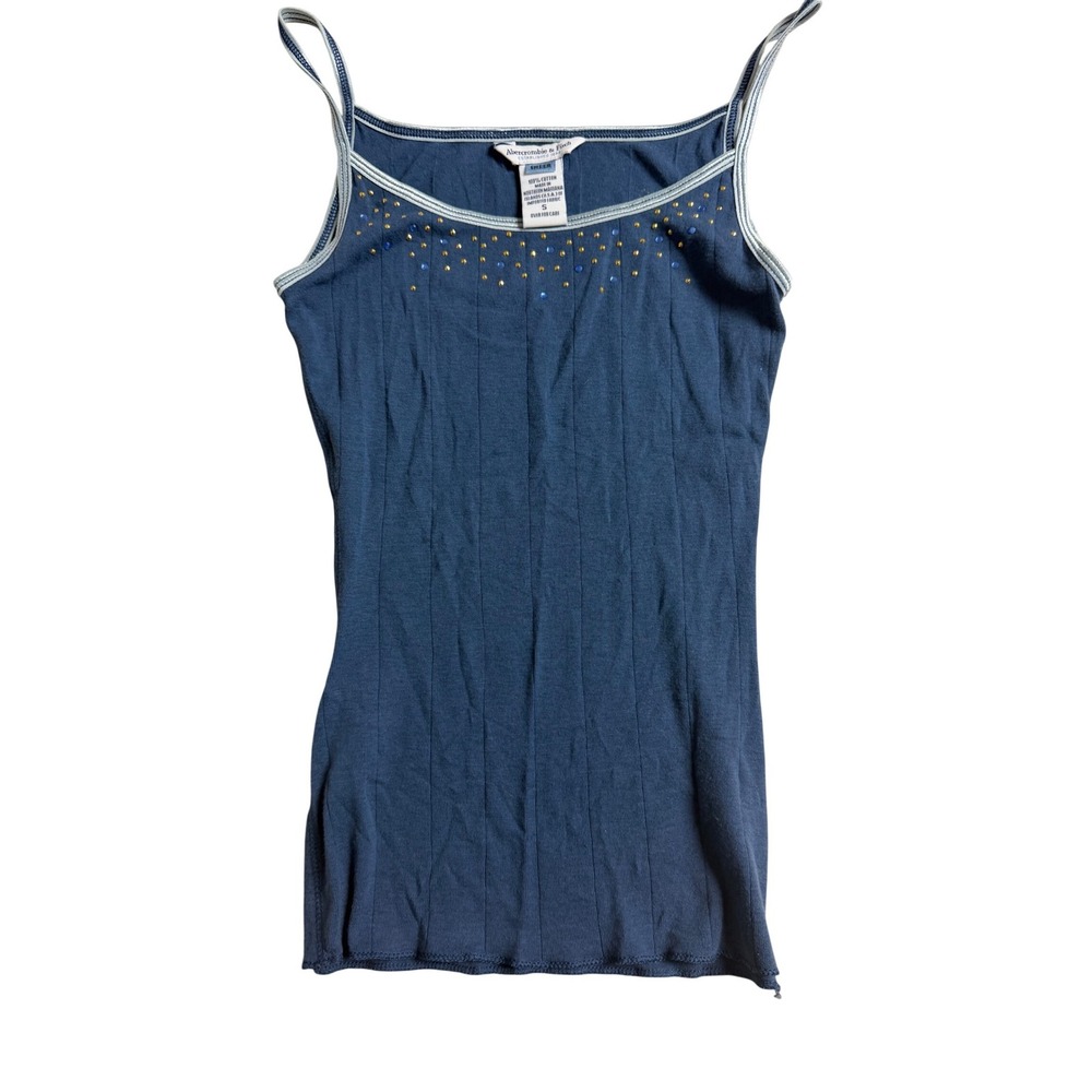Vintage Abercrombie & Fitch Blue Rhinestone Ribbed Cami Tank Top Sheer Y2K S